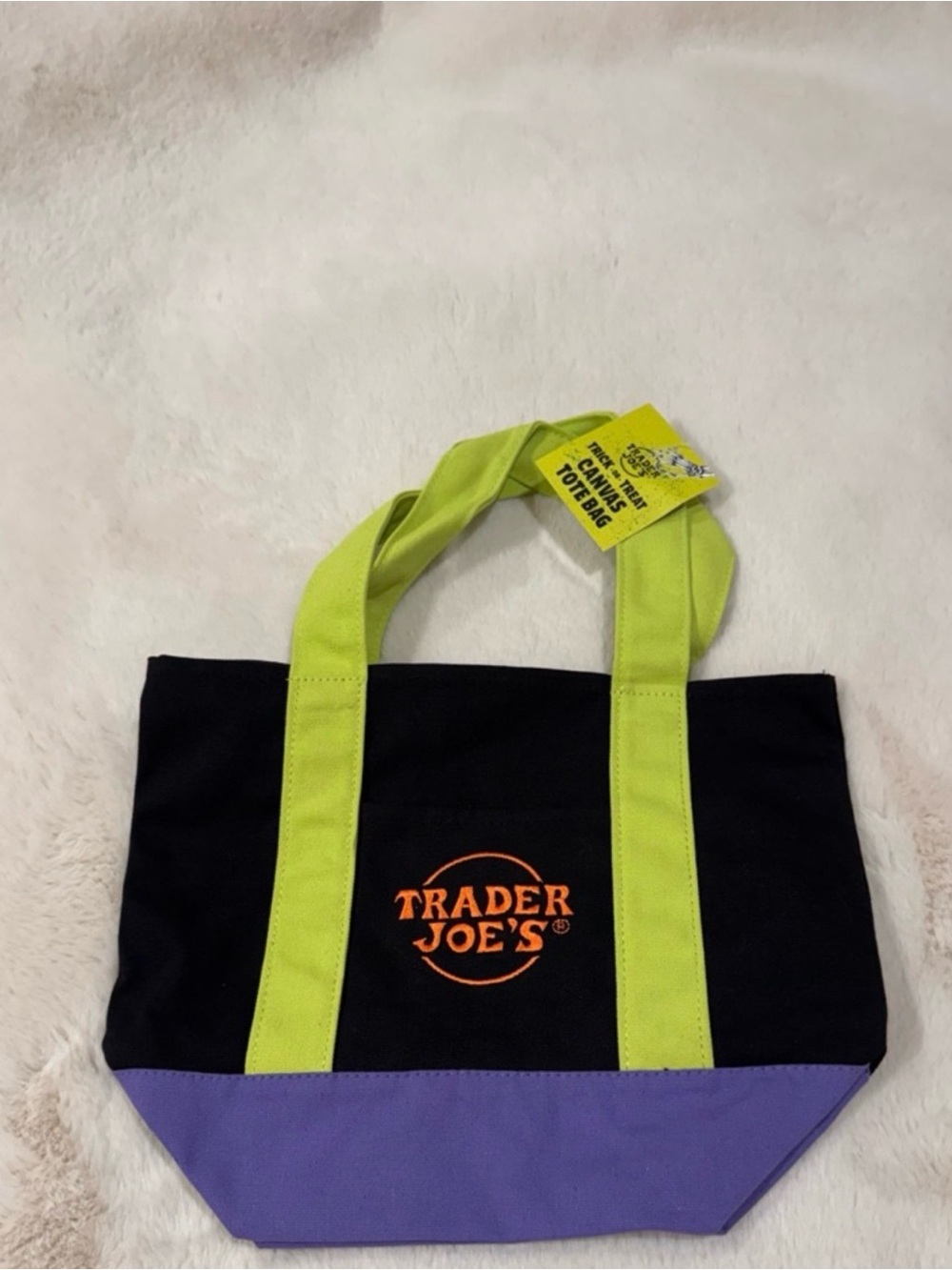 Trader Joe's Black Tote with Neon Green Handles and Purple Base